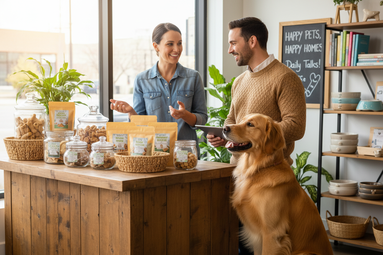 I need an image to show customers that we are a pet treat brand that enjoys educating peopel. Show two people talking and a golden retriever and treats? 